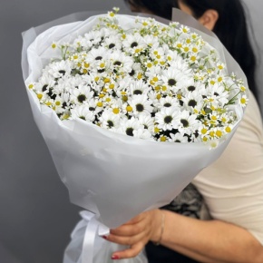 Букет "Понарошку" из хризантем сантини и ромашек в Лобне